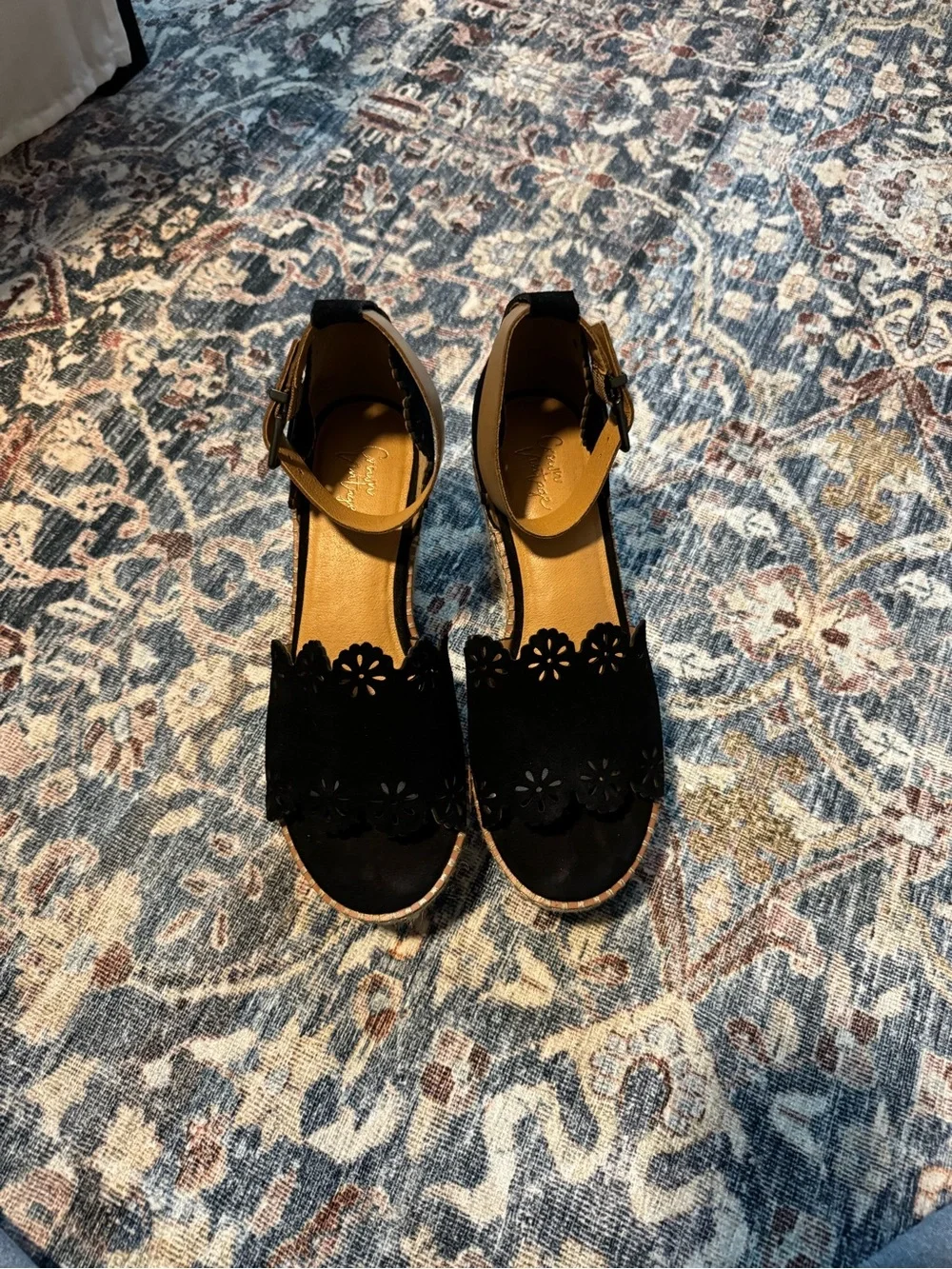 Crown Vintage Black Floral Cutout Espadrille Wedge Sandals